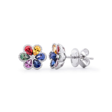 Image of a pair of Rainbow Sapphire and Diamond Flower Earrings