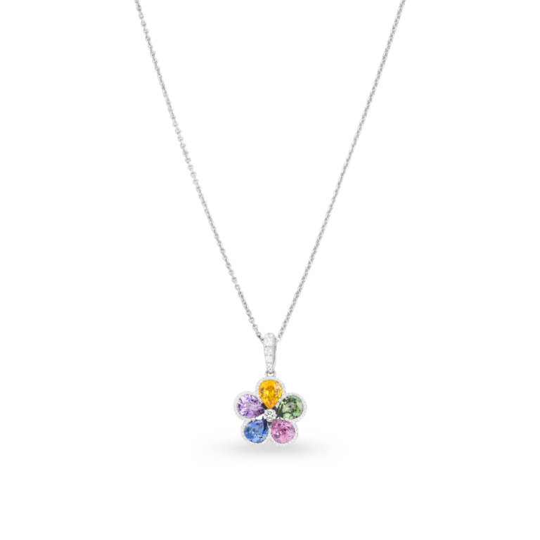 Image of a Rainbow Sapphire and Diamond Flower Pendant