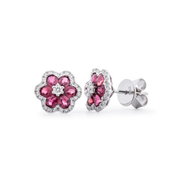 Image of a pair of flower design ruby and diamond earrings