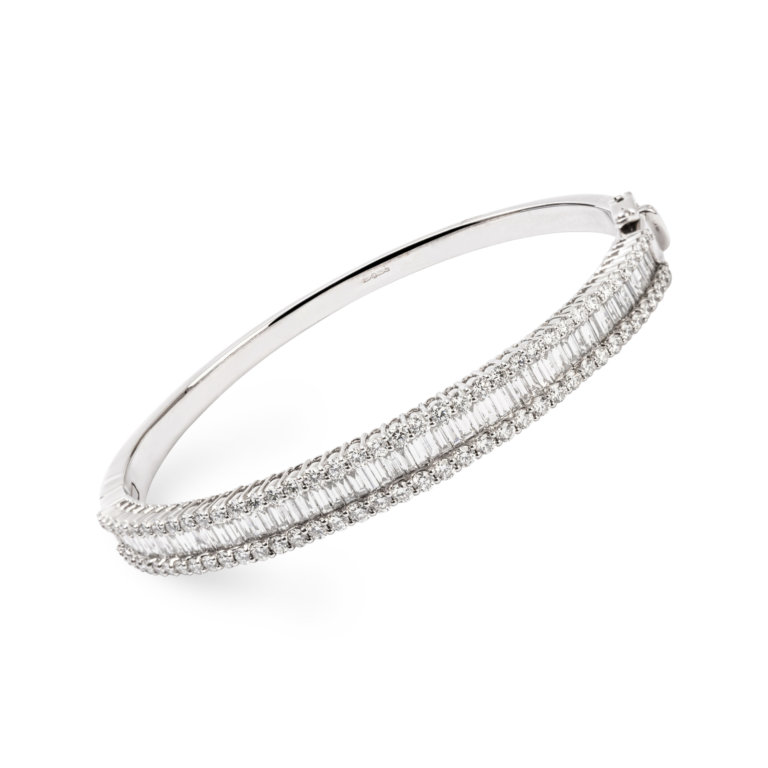 Baguette and Round Brilliant Diamond Three Row Bangle