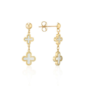 Mother-of-Pearl and Yellow Gold Clover Motif Drop Earrings