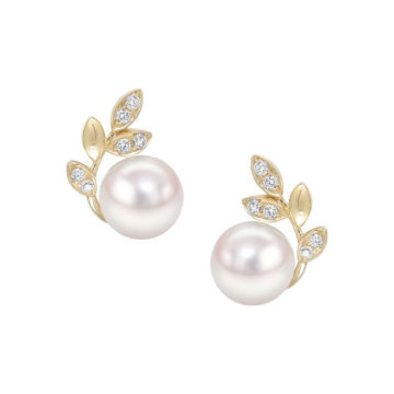 Cultured Pearl and Diamond Leaf Earrings
