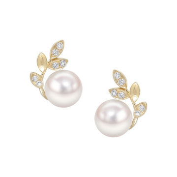 Cultured Pearl and Diamond Leaf Earrings