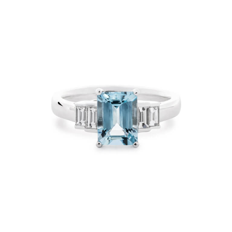 Aquamarine and Diamond Emerald Cut Ring