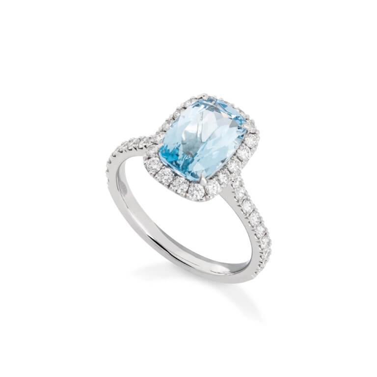 Aquamarine and Diamond Rectangular Halo Ring