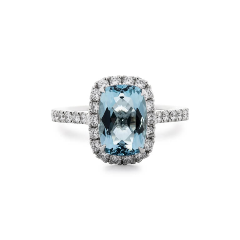 Aquamarine and Diamond Rectangular Halo Ring