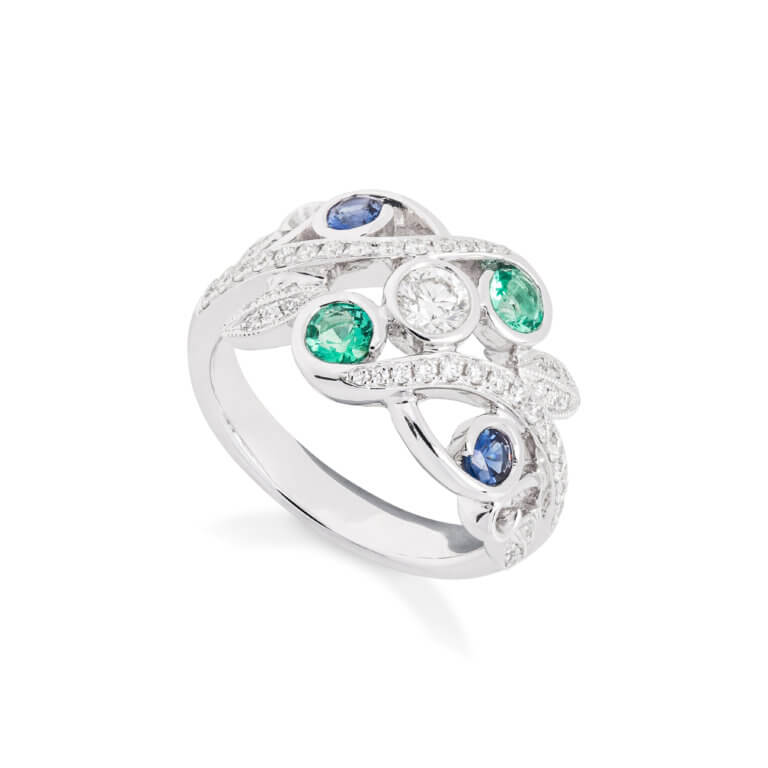 Emerald, Sapphire and Diamond Dress Ring