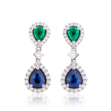 Emerald, Sapphire and Diamond Double Cluster Drop Earrings