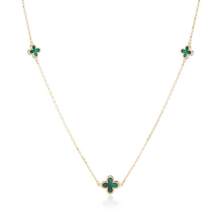 Malachite and Yellow Gold Clover Motif Necklace