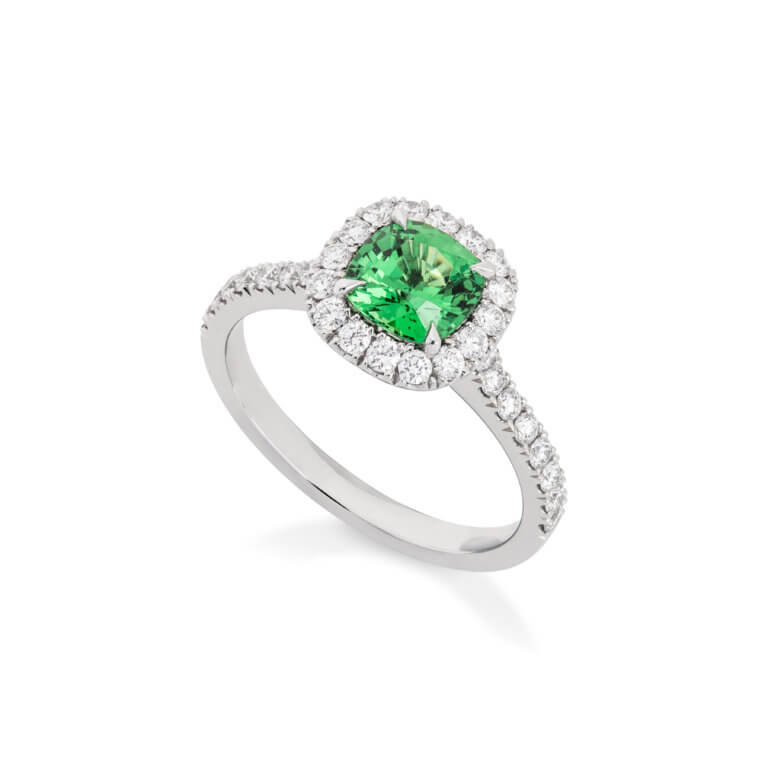 Tsavorite Garnet and Diamond Cushion Halo Ring