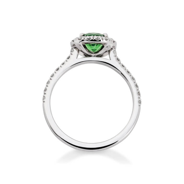 Tsavorite Garnet and Diamond Cushion Halo Ring - Image 2
