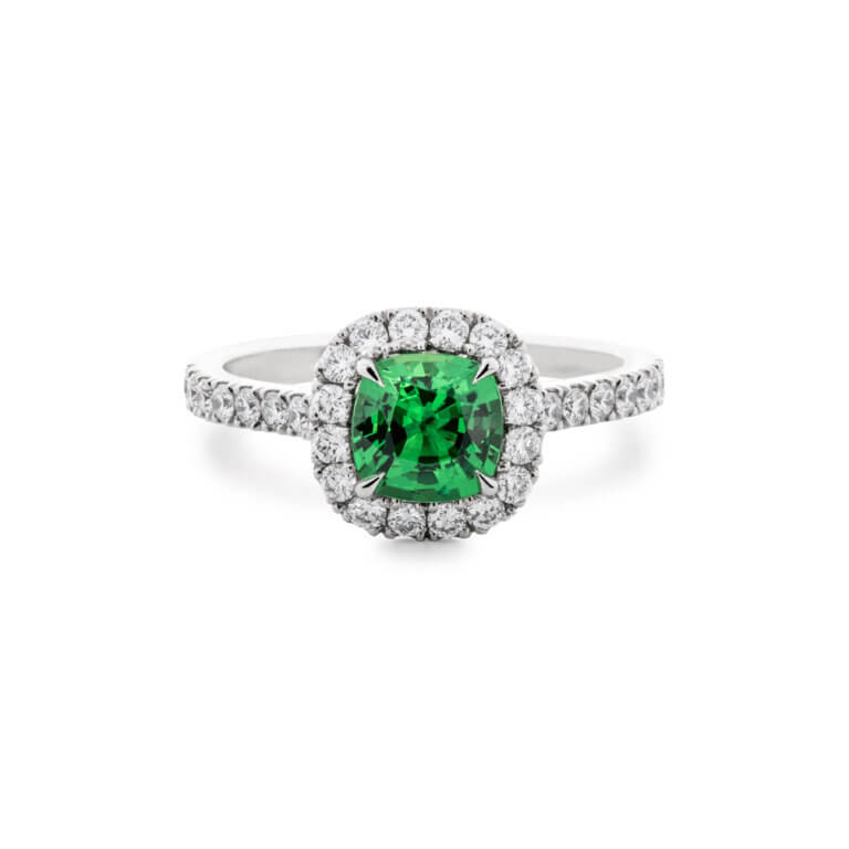 Tsavorite Garnet and Diamond Cushion Halo Ring