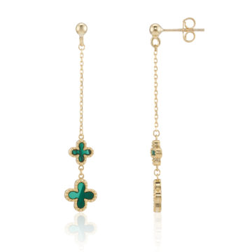 Malachite and Yellow Gold Clover Motif Drop Earrings