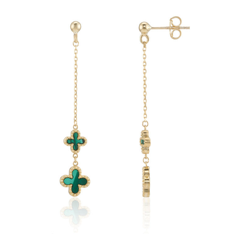 Malachite and Yellow Gold Clover Motif Drop Earrings