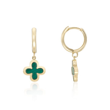 Malachite and Yellow Gold Clover Motif Hoop Earrings