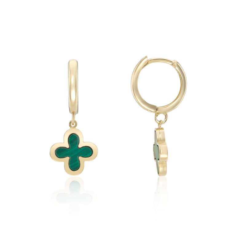 Malachite and Yellow Gold Clover Motif Hoop Earrings