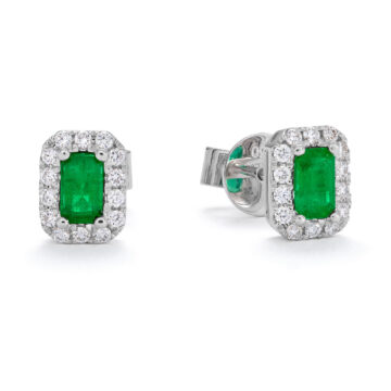 Emerald and Diamond Rectangular Cluster Stud Earrings