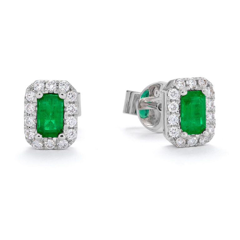 Emerald and Diamond Rectangular Cluster Stud Earrings