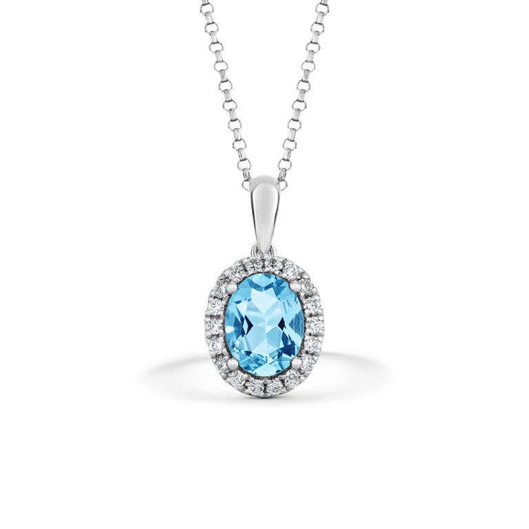 Aquamarine and Diamond Oval Halo Pendant