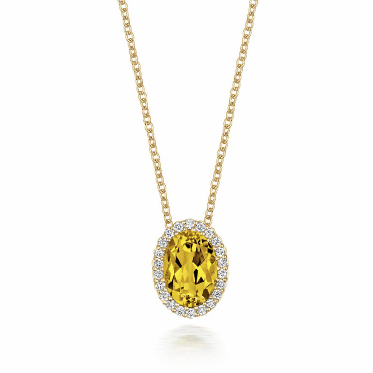 Lemon Quartz and Diamond Oval Halo Pendant