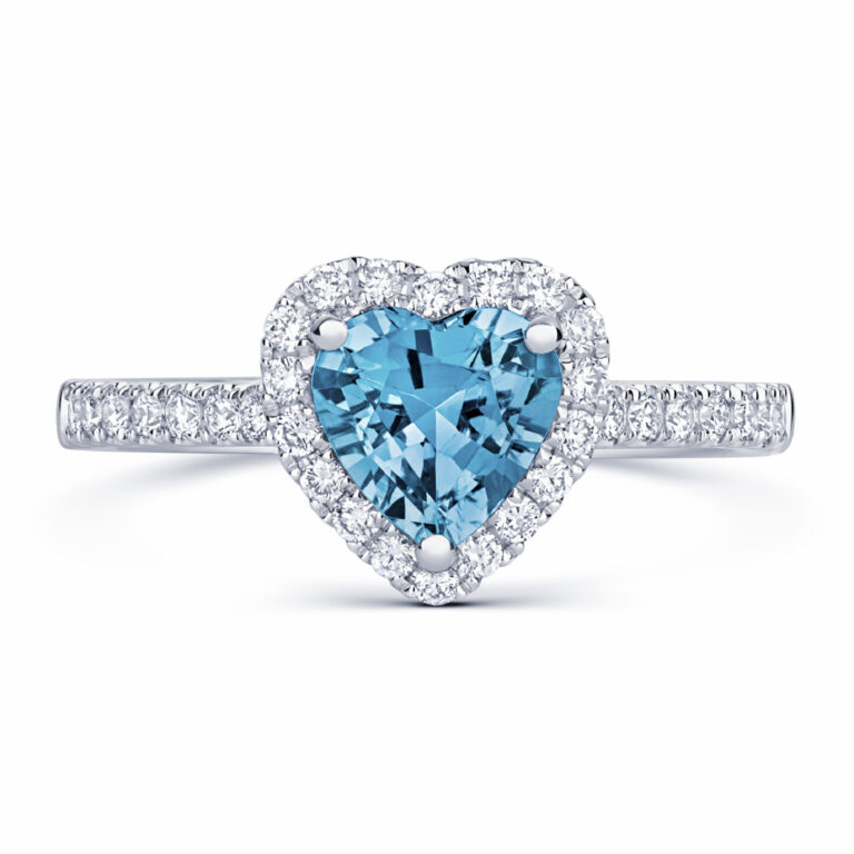 Aquamarine and Diamond Heart Shaped Halo Ring