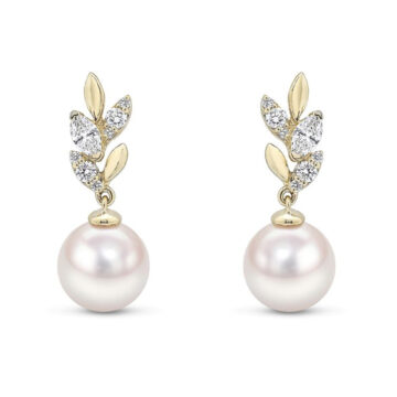 Cultured Pearl and Diamond Leaf Drop Earrings