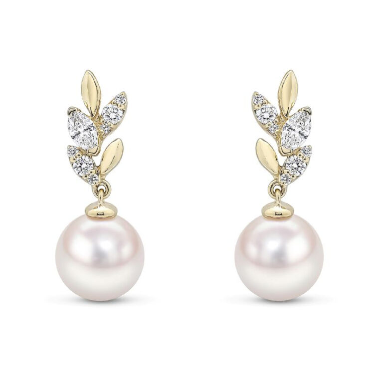 Cultured Pearl and Diamond Leaf Drop Earrings